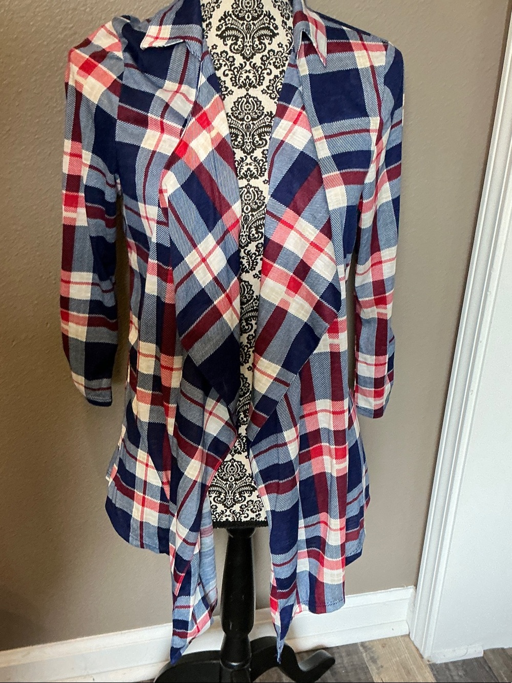 Self Esteem Plaid Open-Front Tunic Cardigan - Blue, Red, White Size Large